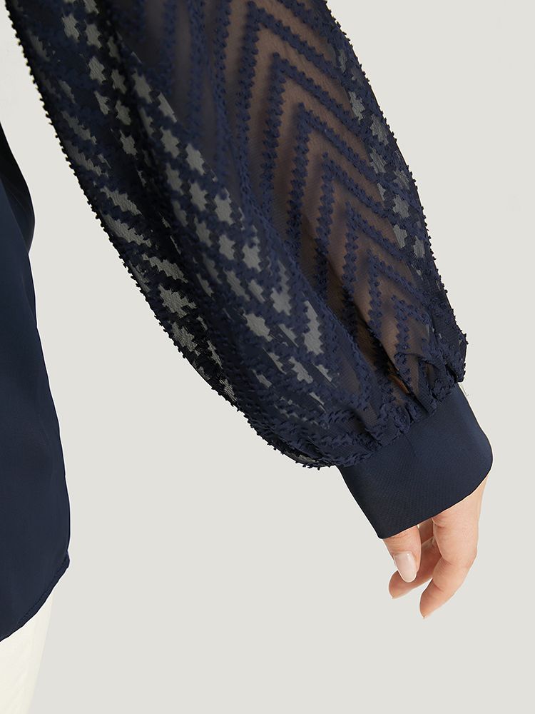 Plus Size Indigo Plain Keyhole Lace Patchwork Lantern Sleeve Blouse Women Office Long Sleeve Keyhole Cut-Out Work Blouses BloomChic 10/M 
