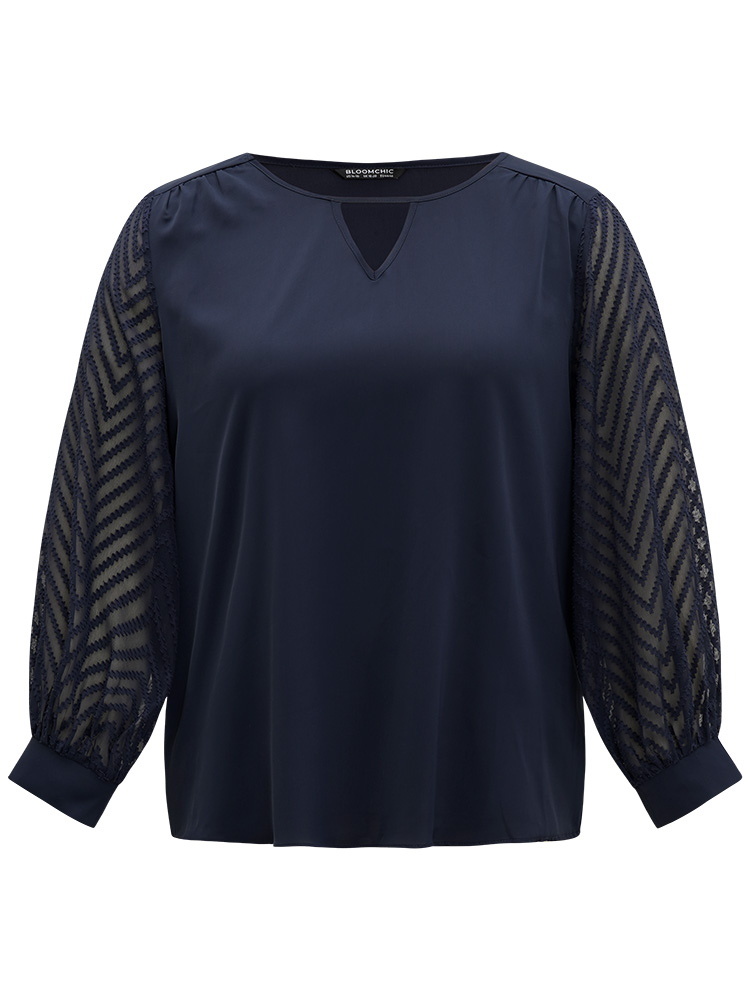 Plus Size Indigo Plain Keyhole Lace Patchwork Lantern Sleeve Blouse Women Office Long Sleeve Keyhole Cut-Out Work Blouses BloomChic 10/M 