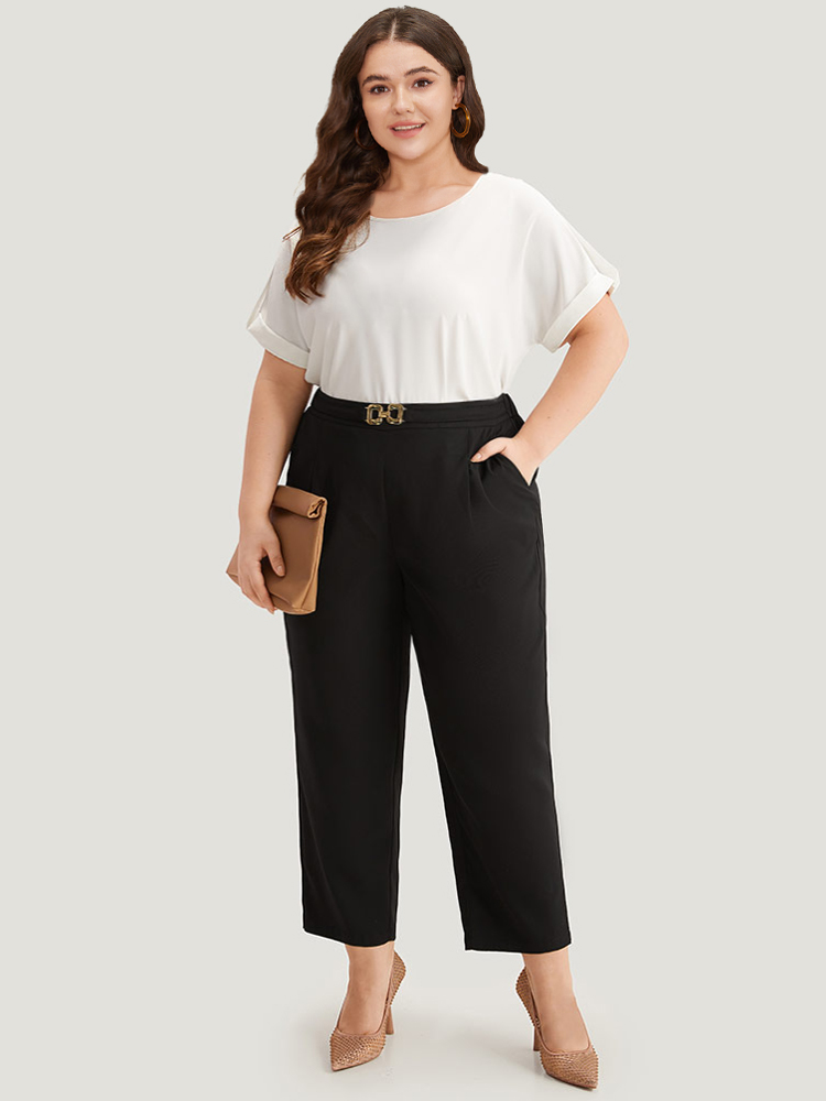

Plus Size Solid Metal Detail High Rise Straight Leg Pants Women Black Office Bodycon High Rise Work Pants BloomChic