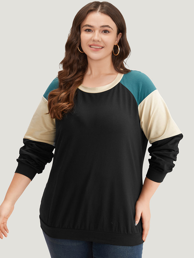 

Plus Size Colorblock Contrast Raglan Sleeve Sweatshirt Women Black Casual Elastic cuffs Round Neck Dailywear Sweatshirts BloomChic