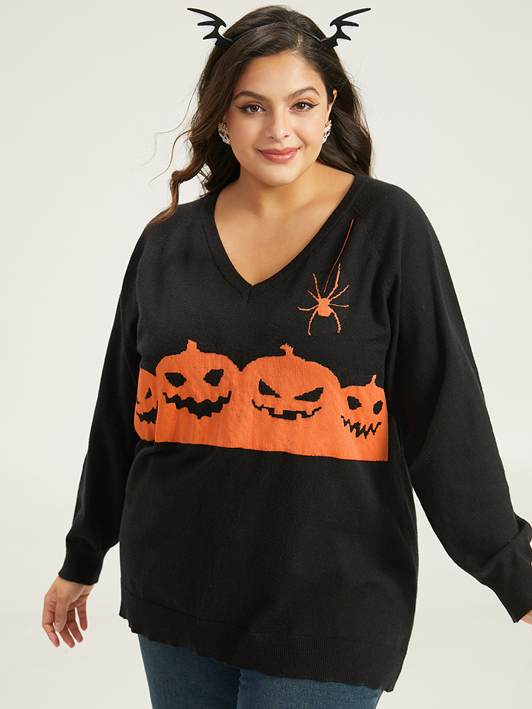 

Plus Size Halloween Graphic Pumpkin V Neck Pullover Black Women Casual Loose Long Sleeve V-neck Dailywear Pullovers BloomChic