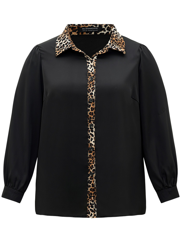 

Leopard Print Patchwork Shirt Collar Woven Top, Black