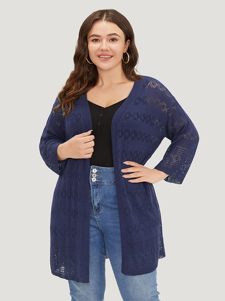 

Plus Size Plain Open Front Geometric Hollow Out Cardigan Indigo Women Casual Elbow-length sleeve Everyday Cardigans BloomChic