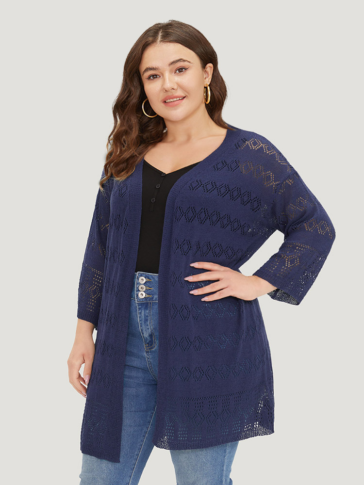 Plus Size Cardigans | Plain Open Front Geometric Hollow Out Cardigan | BloomChic 