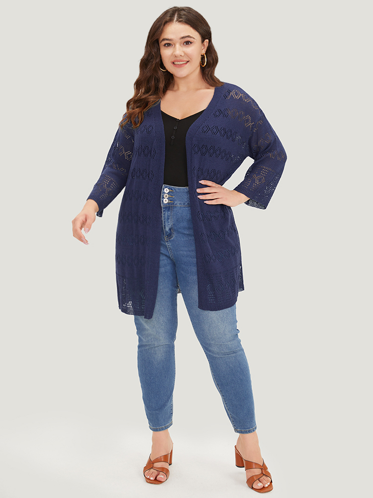 Plus Size Cardigans | Plain Open Front Geometric Hollow Out Cardigan | BloomChic 