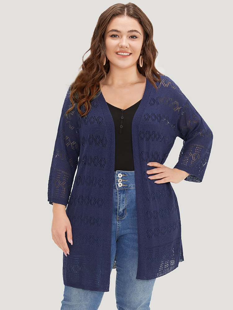 Plus Size Cardigans | Plain Open Front Geometric Hollow Out Cardigan | BloomChic 