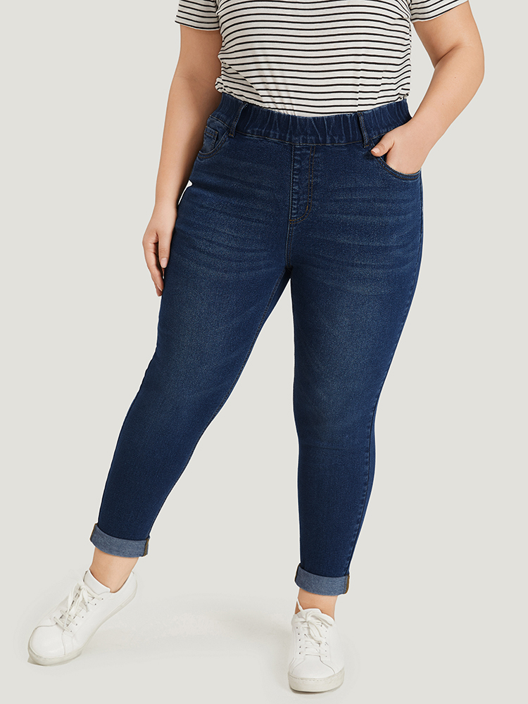 

Plus Size Plain Elastic Waist Medium Wash Roll Hem Jeans Women DarkBlue Casual Plain Plain High stretch Pocket Jeans BloomChic