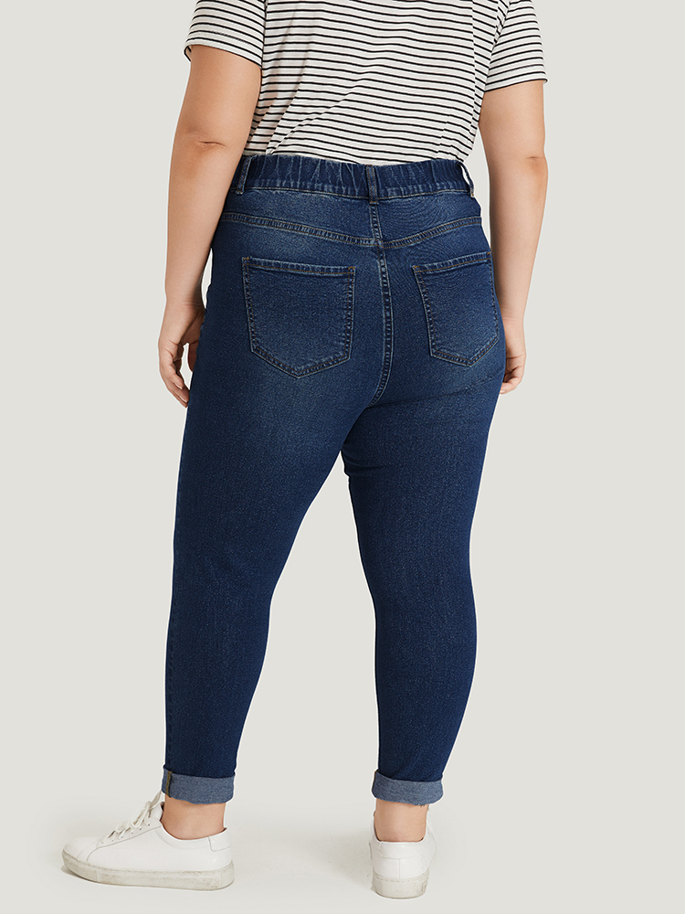 Plus Size Plain Elastic Waist Medium Wash Roll Hem Jeans Women DarkBlue Casual Plain Plain High stretch Pocket Jeans BloomChic 24/3X 
