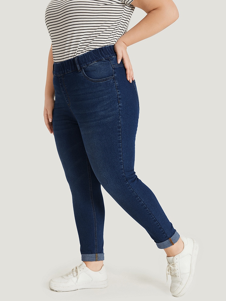 Plus Size Plain Elastic Waist Medium Wash Roll Hem Jeans Women DarkBlue Casual Plain Plain High stretch Pocket Jeans BloomChic 24/3X 