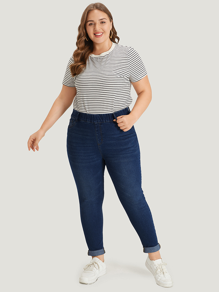 Plus Size Plain Elastic Waist Medium Wash Roll Hem Jeans Women DarkBlue Casual Plain Plain High stretch Pocket Jeans BloomChic 24/3X 