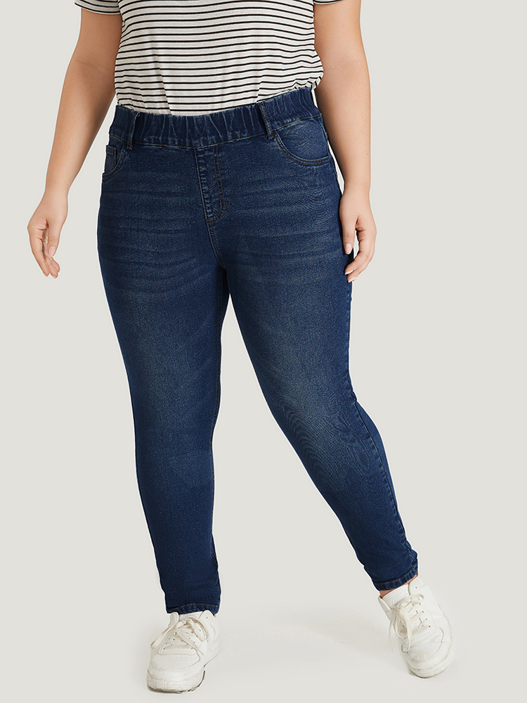Plus Size Plain Elastic Waist Medium Wash Roll Hem Jeans Women DarkBlue Casual Plain Plain High stretch Pocket Jeans BloomChic 24/3X 