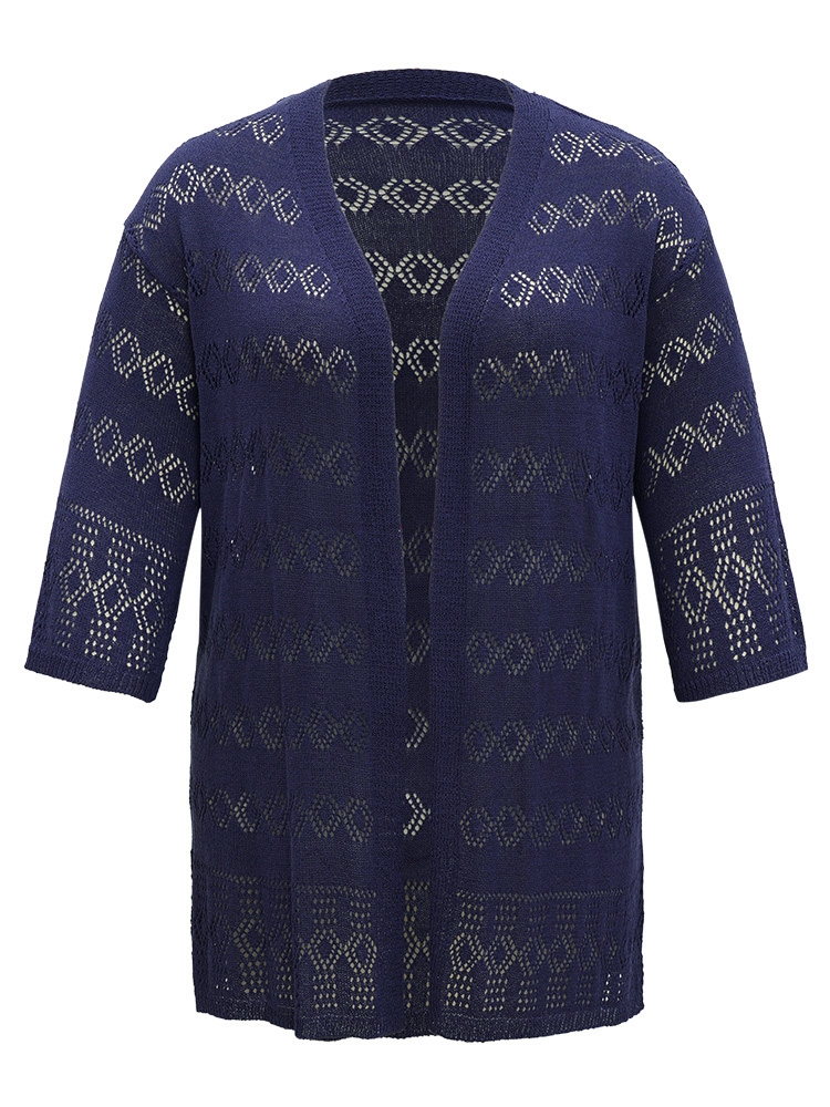 Plus Size Cardigans | Plain Open Front Geometric Hollow Out Cardigan | BloomChic 
