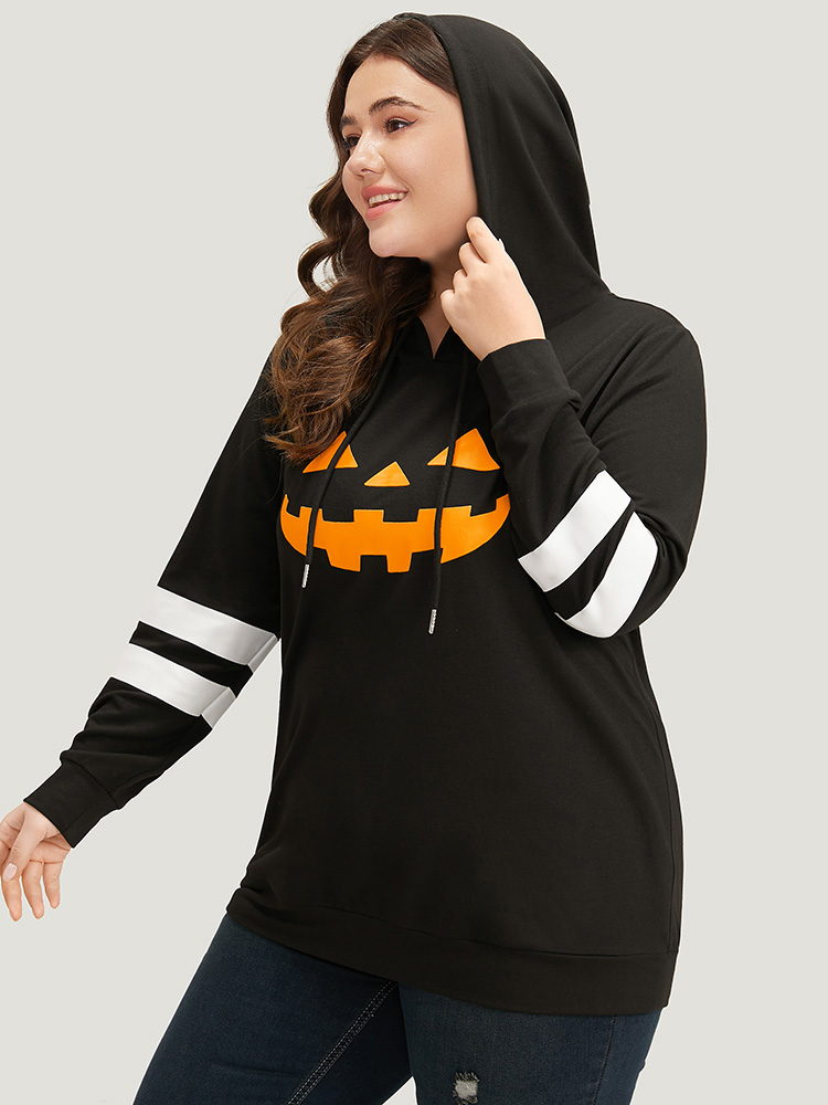 

Plus Size Halloween Print Striped Patchwork Hooded Drawstring Sweatshirt Women Black Casual Elastic cuffs Hooded Festival-Halloween Sweatshirts BloomChic