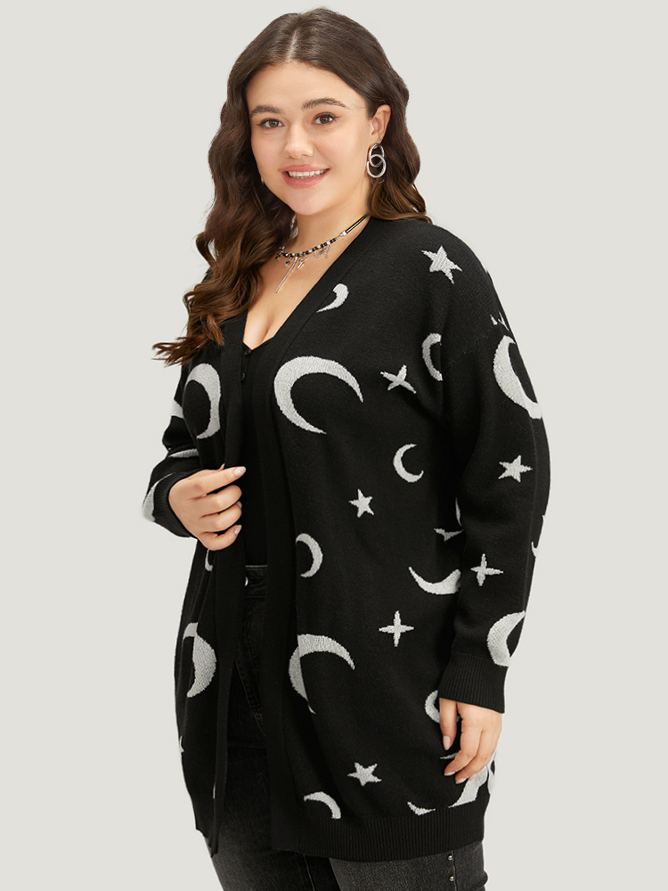 

Plus Size Moon Print Open Front Cardigan Black Women Casual Long Sleeve Everyday Cardigans BloomChic