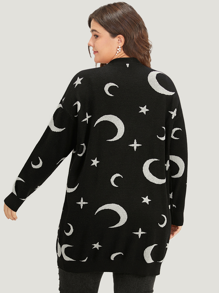 Plus Size Moon Print Open Front Cardigan Black Women Casual Long Sleeve Everyday Cardigans BloomChic 10/M 
