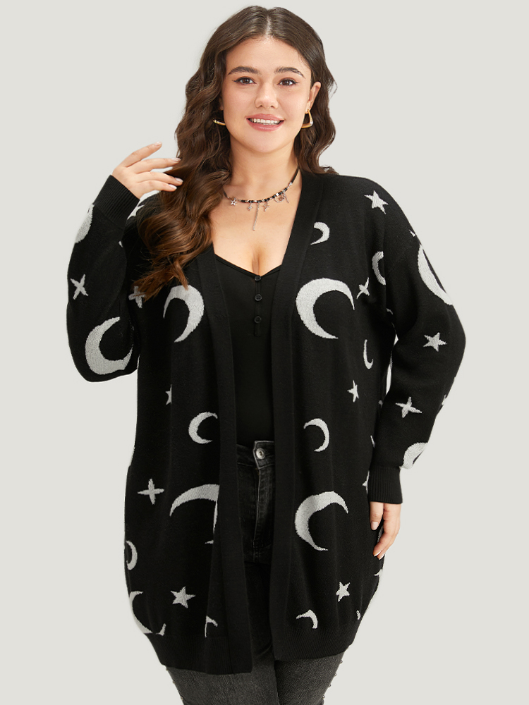 Plus Size Moon Print Open Front Cardigan Black Women Casual Long Sleeve Everyday Cardigans BloomChic 10/M 