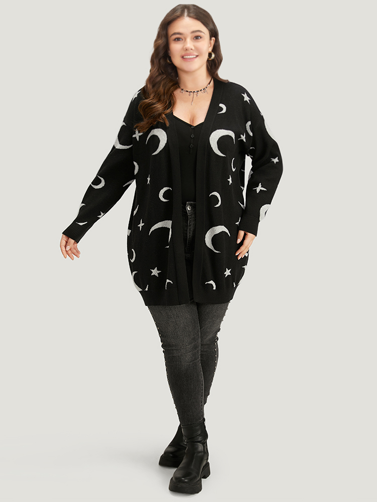 Plus Size Moon Print Open Front Cardigan Black Women Casual Long Sleeve Everyday Cardigans BloomChic 10/M 