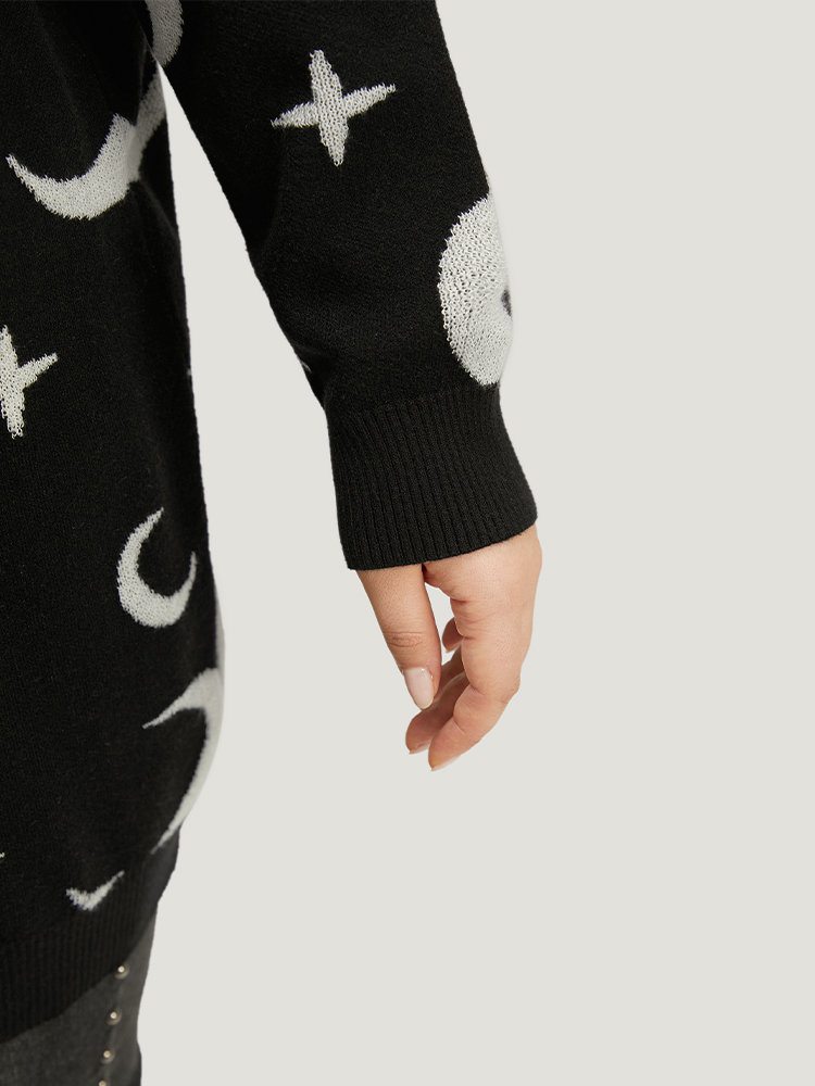 Plus Size Moon Print Open Front Cardigan Black Women Casual Long Sleeve Everyday Cardigans BloomChic 10/M 
