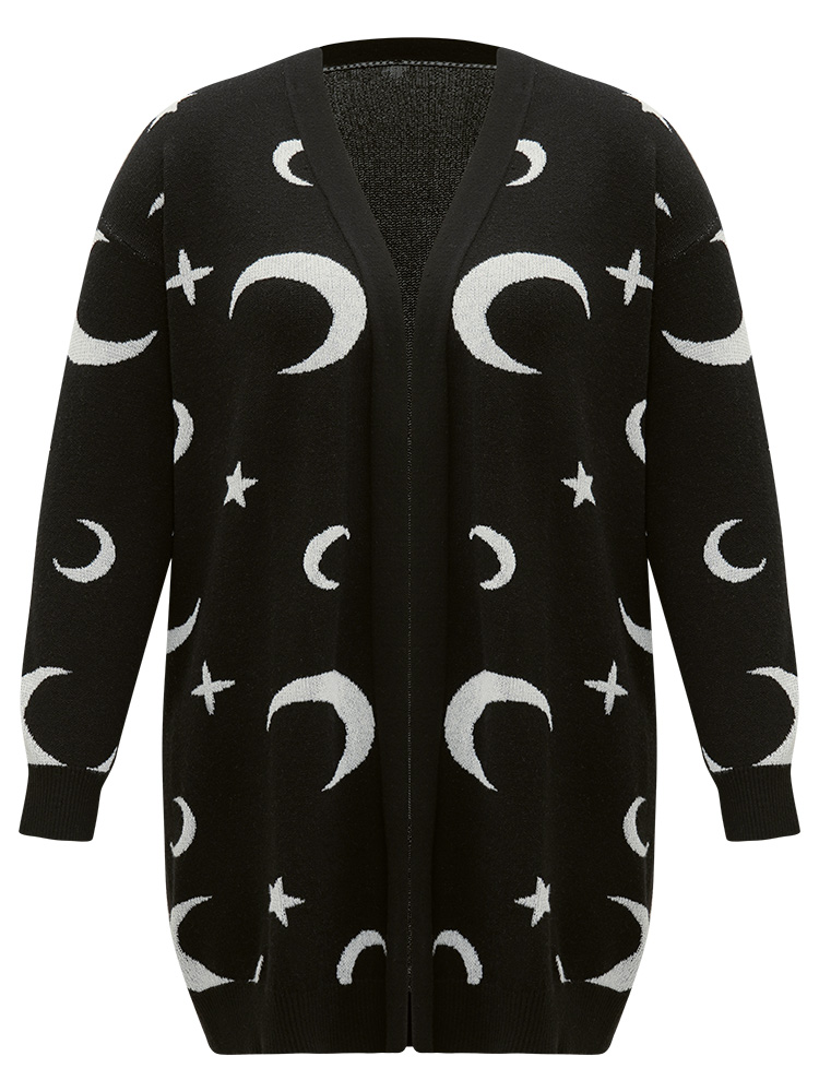 Plus Size Moon Print Open Front Cardigan Black Women Casual Long Sleeve Everyday Cardigans BloomChic 10/M 