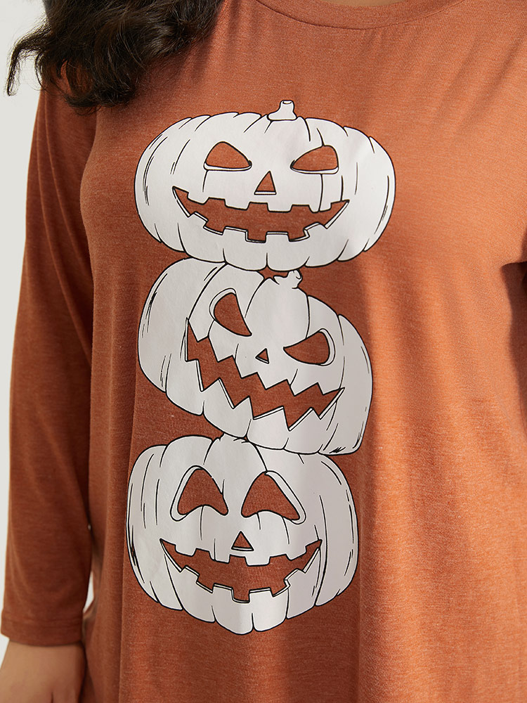 

Plus Size Halloween Three Pumpkin Print Crew Neck T-shirt Chocolate Women Casual Printed Halloween Festival-Halloween T-shirts BloomChic