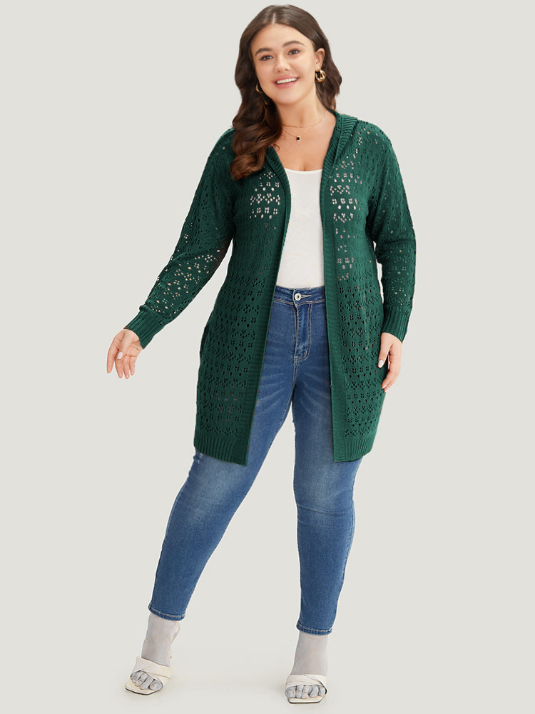 

Plus Size Plain Geometric Eyelet Hooded Tunic Cardigan DarkGreen Women Casual Loose Long Sleeve Everyday Cardigans BloomChic