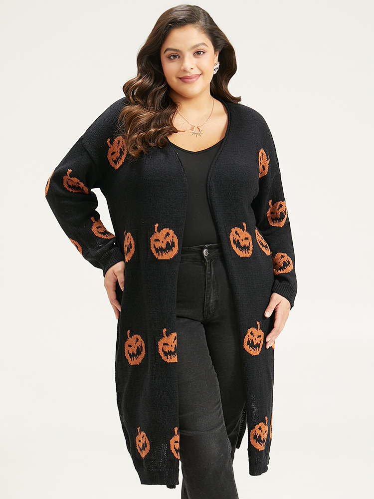 

Plus Size Halloween Skull Print Split Side Drop Shoulder Maxi Cardigan Chocolate Women Casual Loose Long Sleeve Festival-Halloween Cardigans BloomChic