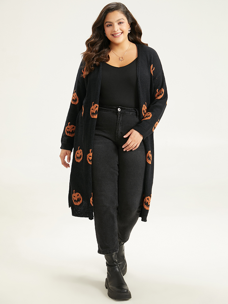 Cardigans | Halloween Skull Print Split Side Drop Shoulder Maxi Cardigan | BloomChic 