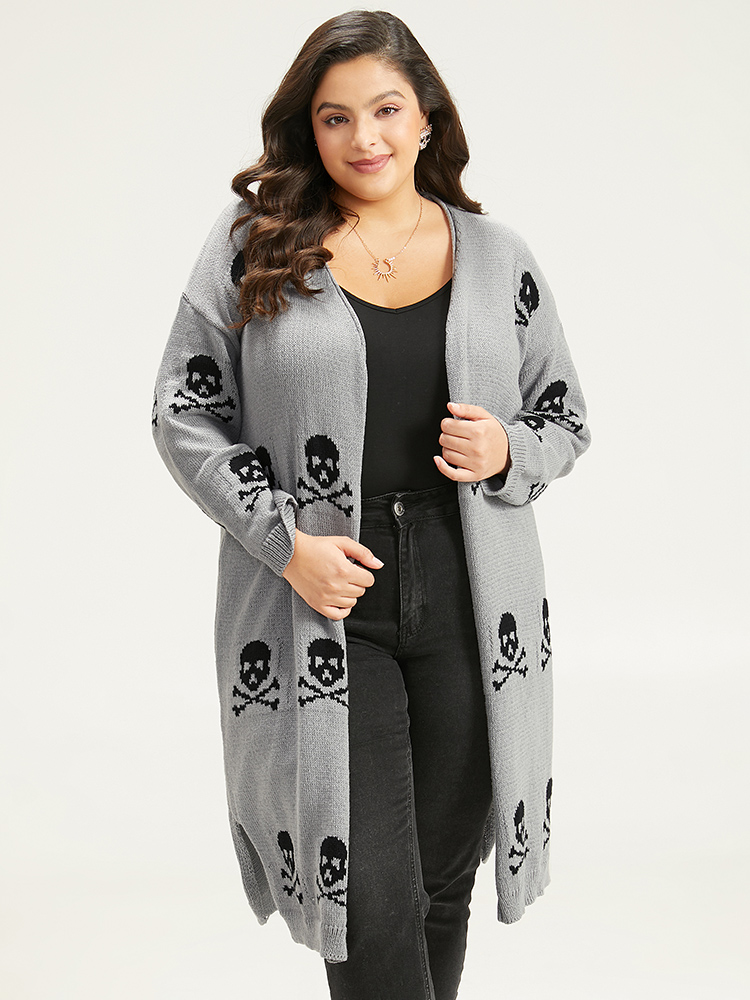 Cardigans | Halloween Skull Print Split Side Drop Shoulder Maxi Cardigan | BloomChic 