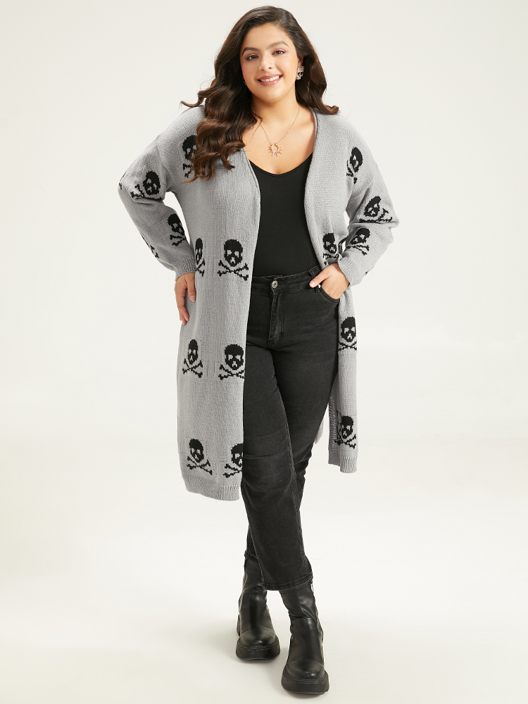 Cardigans | Halloween Skull Print Split Side Drop Shoulder Maxi Cardigan | BloomChic 