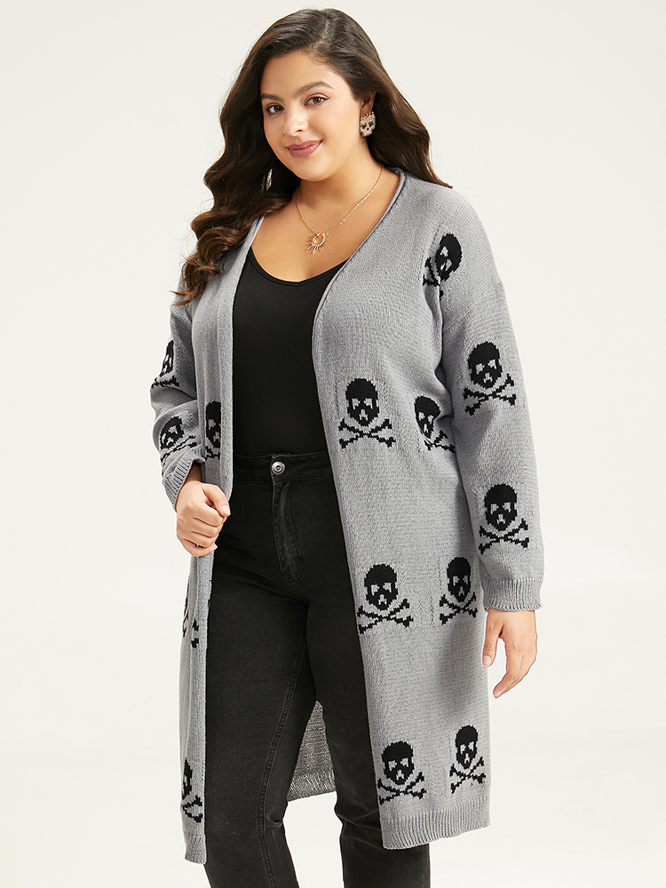 Cardigans | Halloween Skull Print Split Side Drop Shoulder Maxi Cardigan | BloomChic 
