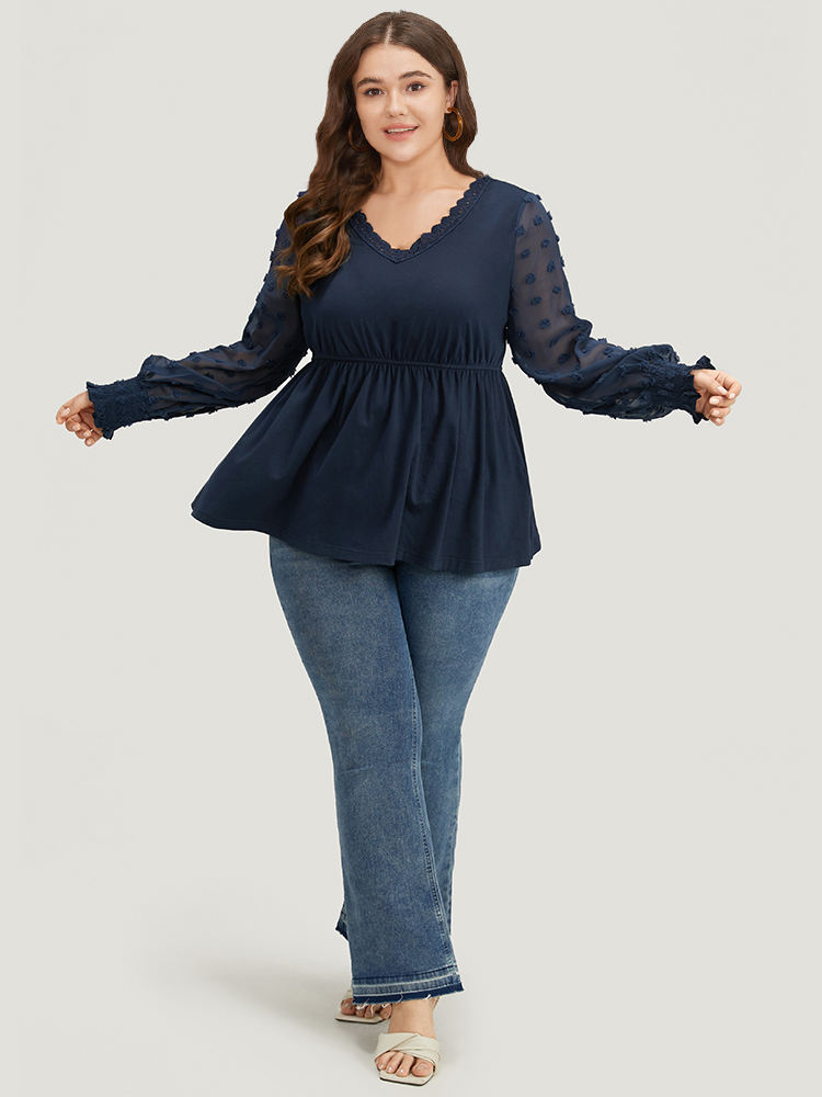 Plus Size Women Festival-Halloween Plain Plain Lantern Sleeve Long Sleeve V-neck Elegant T-shirts BloomChic 
