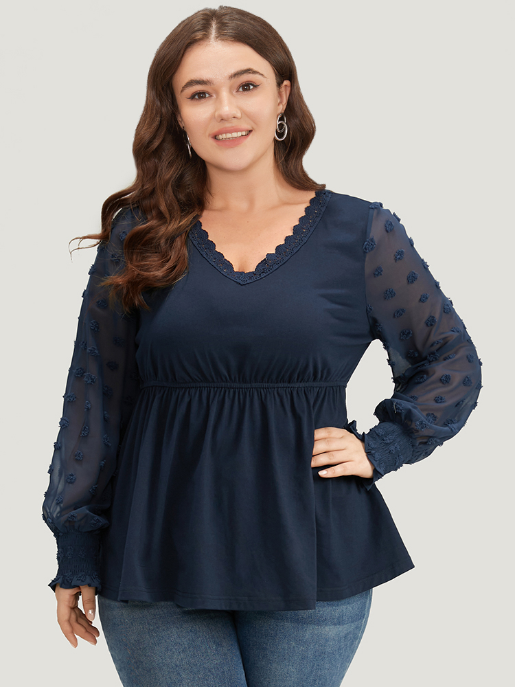 

Plus Size Halloween V Neck Shirred Lace Mesh Patchwork T-shirt Blue V-neck Long Sleeve Elegant Jersey Tops