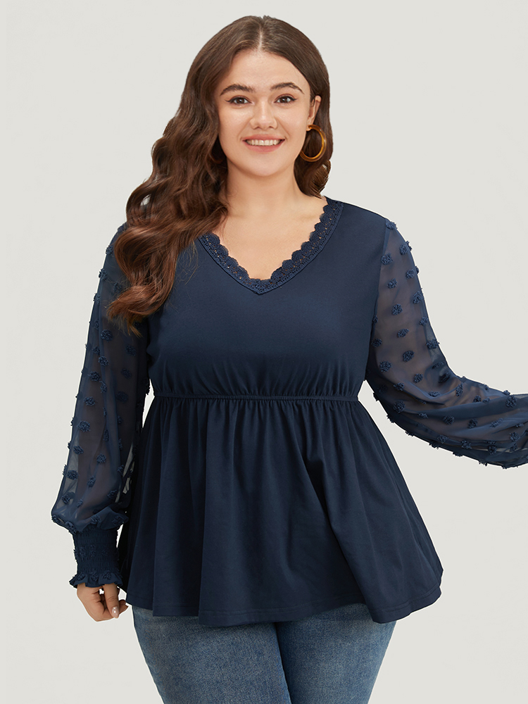 Plus Size Women Festival-Halloween Plain Plain Lantern Sleeve Long Sleeve V-neck Elegant T-shirts BloomChic 