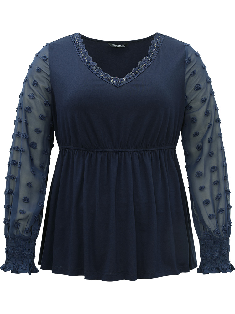 Plus Size Women Festival-Halloween Plain Plain Lantern Sleeve Long Sleeve V-neck Elegant T-shirts BloomChic 