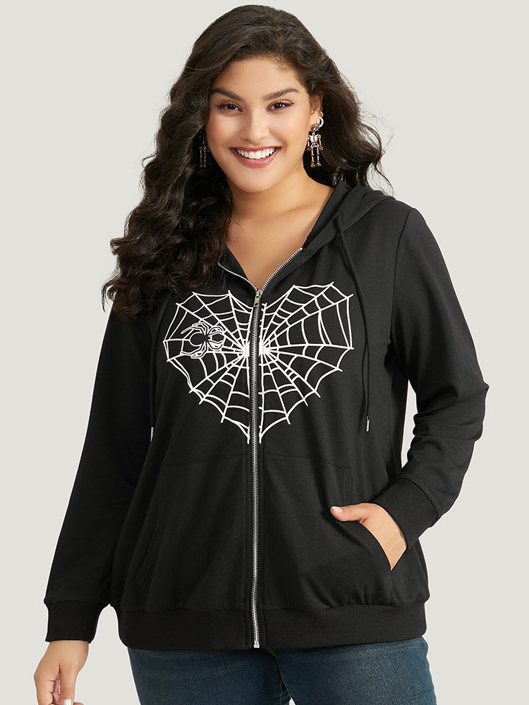 

Plus Size Halloween Spider Web Print Pocket Zipper Sweatshirt Women Black Casual Elastic cuffs Hooded Festival-Halloween Sweatshirts BloomChic