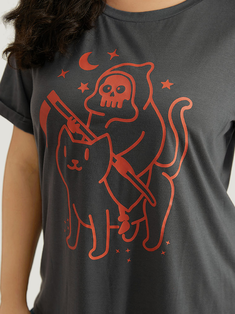 

Plus Size Halloween Graphic Cuffed Sleeve T-shirt DimGray Women Casual Printed Halloween Round Neck Festival-Halloween T-shirts BloomChic