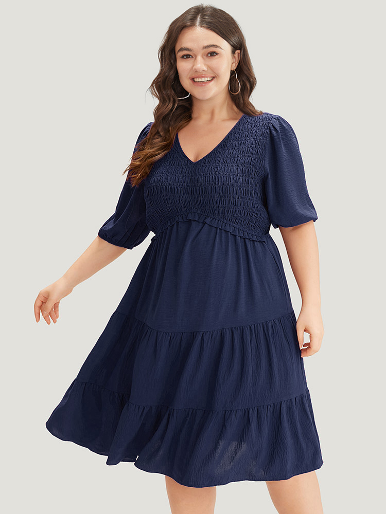 

Plus Size Solid Shirred Pocket Frill Trim Layered Dress DarkBlue Women Elegant Plain V-neck Short sleeve Curvy Midi Dress BloomChic