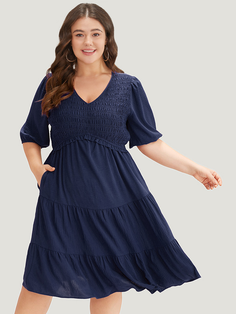 

Plus Size Solid Shirred Pocket Frill Trim Layered Dress DarkBlue Women Elegant Plain V-neck Short sleeve Curvy Midi Dress BloomChic