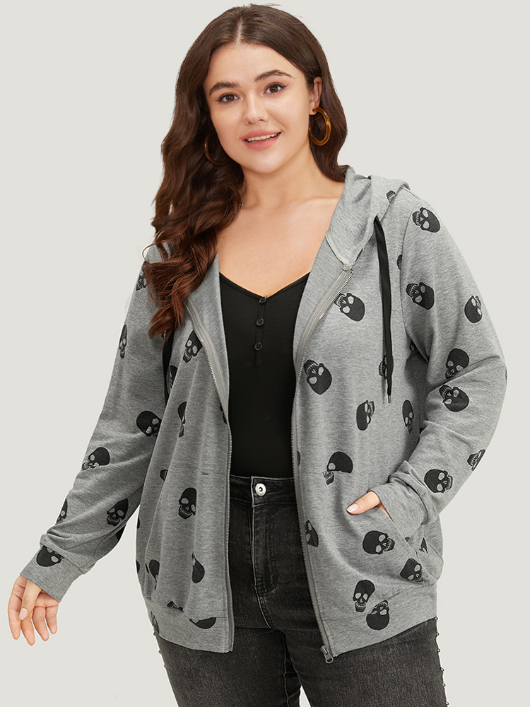 

Plus Size Halloween Skull Print Pocket Zipper Hooded Sweatshirt Women Gray Casual Elastic cuffs Hooded Festival-Halloween Sweatshirts BloomChic