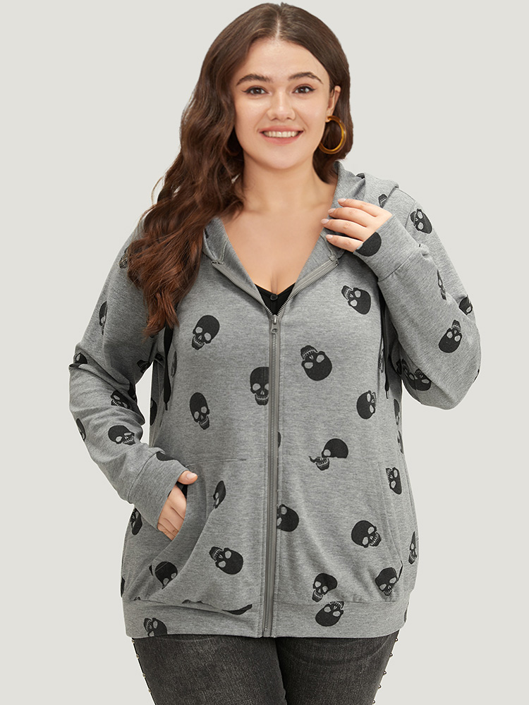 Plus Size Halloween Skull Print Pocket Zipper Hooded Sweatshirt Women Gray Casual Elastic cuffs Hooded Festival-Halloween Sweatshirts BloomChic 14-16/1X 