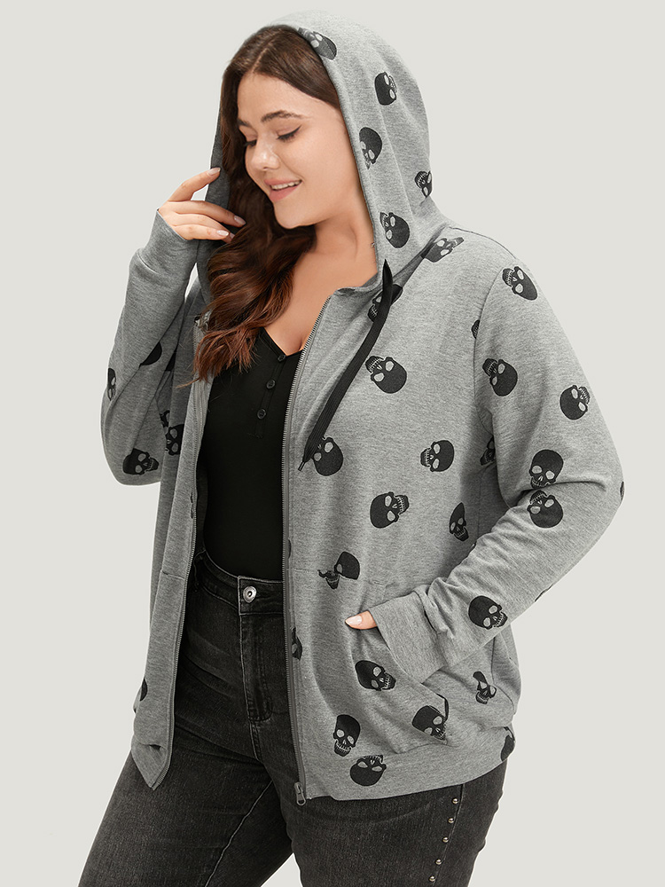 Plus Size Halloween Skull Print Pocket Zipper Hooded Sweatshirt Women Gray Casual Elastic cuffs Hooded Festival-Halloween Sweatshirts BloomChic 14-16/1X 