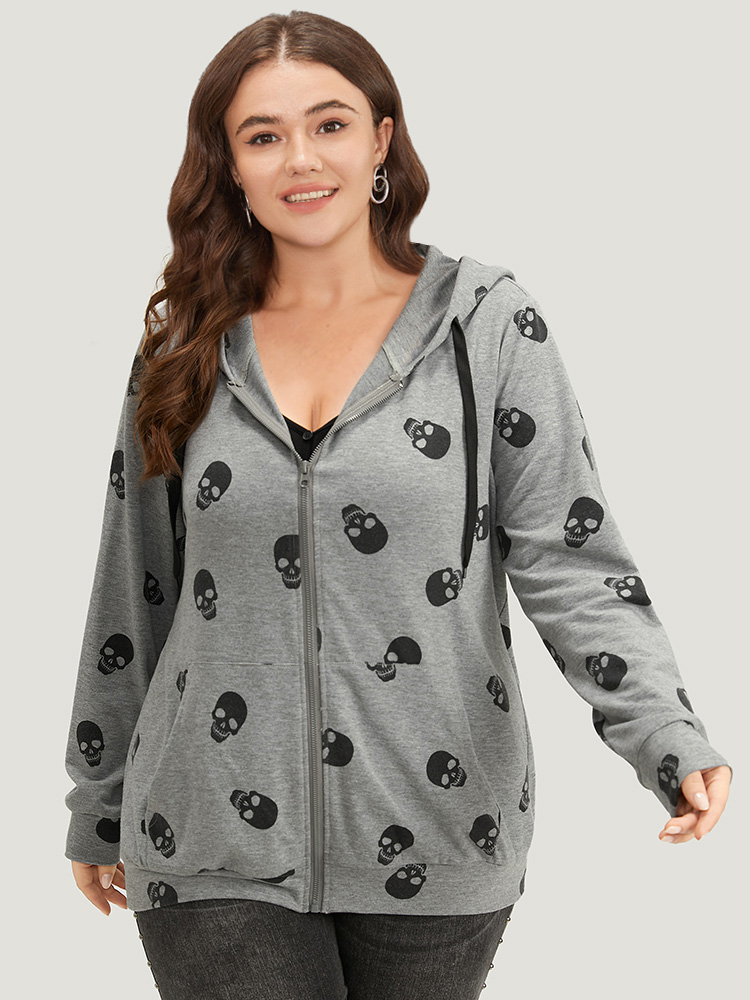 Plus Size Halloween Skull Print Pocket Zipper Hooded Sweatshirt Women Gray Casual Elastic cuffs Hooded Festival-Halloween Sweatshirts BloomChic 14-16/1X 