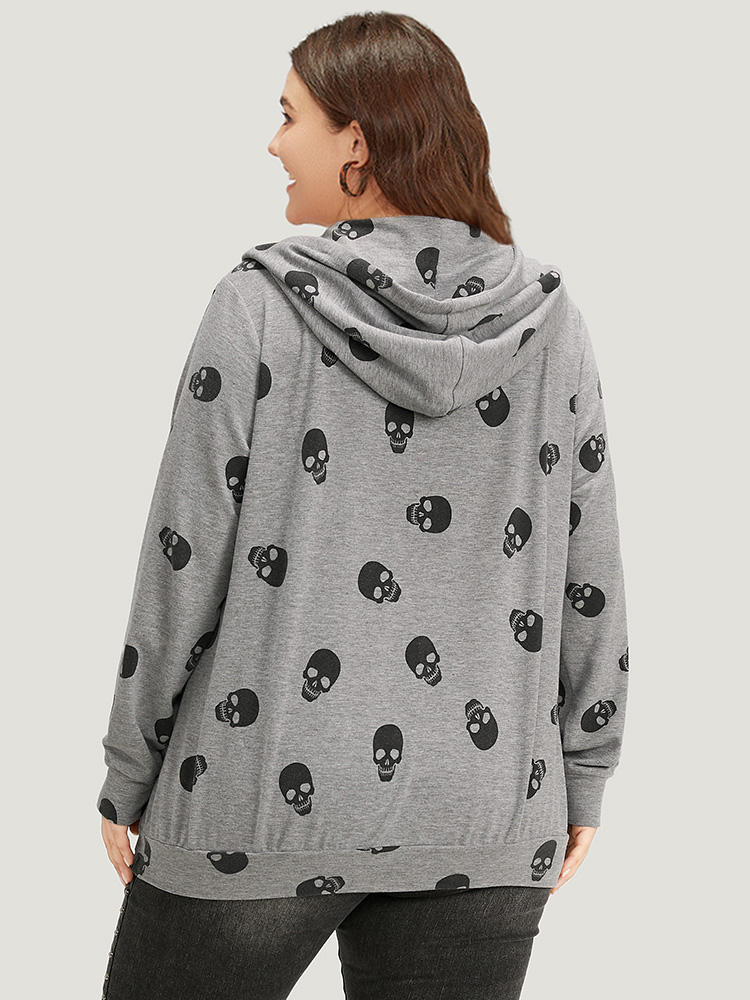 Plus Size Halloween Skull Print Pocket Zipper Hooded Sweatshirt Women Gray Casual Elastic cuffs Hooded Festival-Halloween Sweatshirts BloomChic 14-16/1X 
