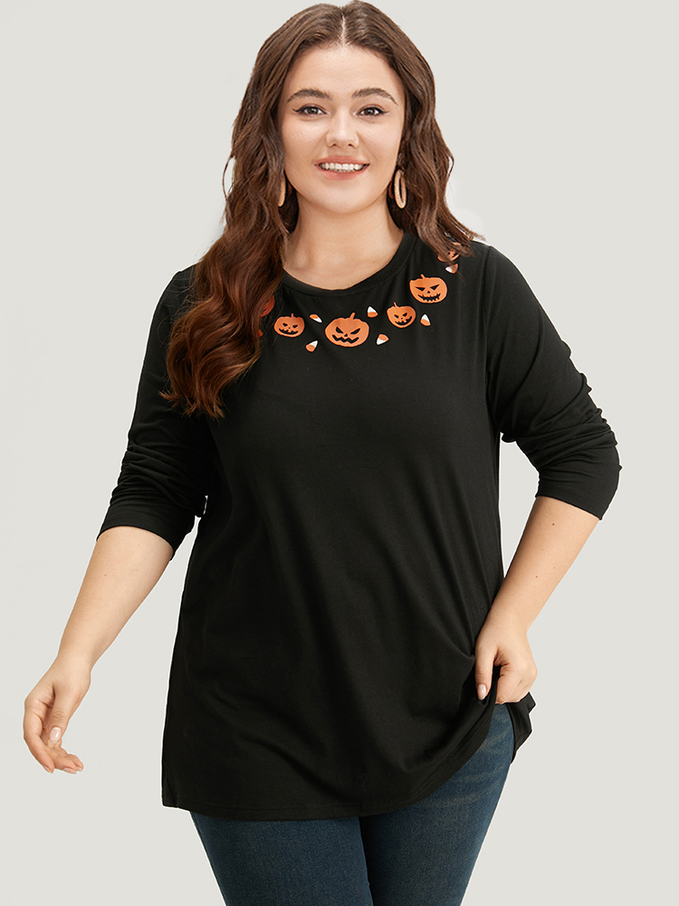 

Plus Size Halloween Pumpkin Print Crew Neck T-shirt Black Women Casual Printed Halloween Round Neck Festival-Halloween T-shirts BloomChic