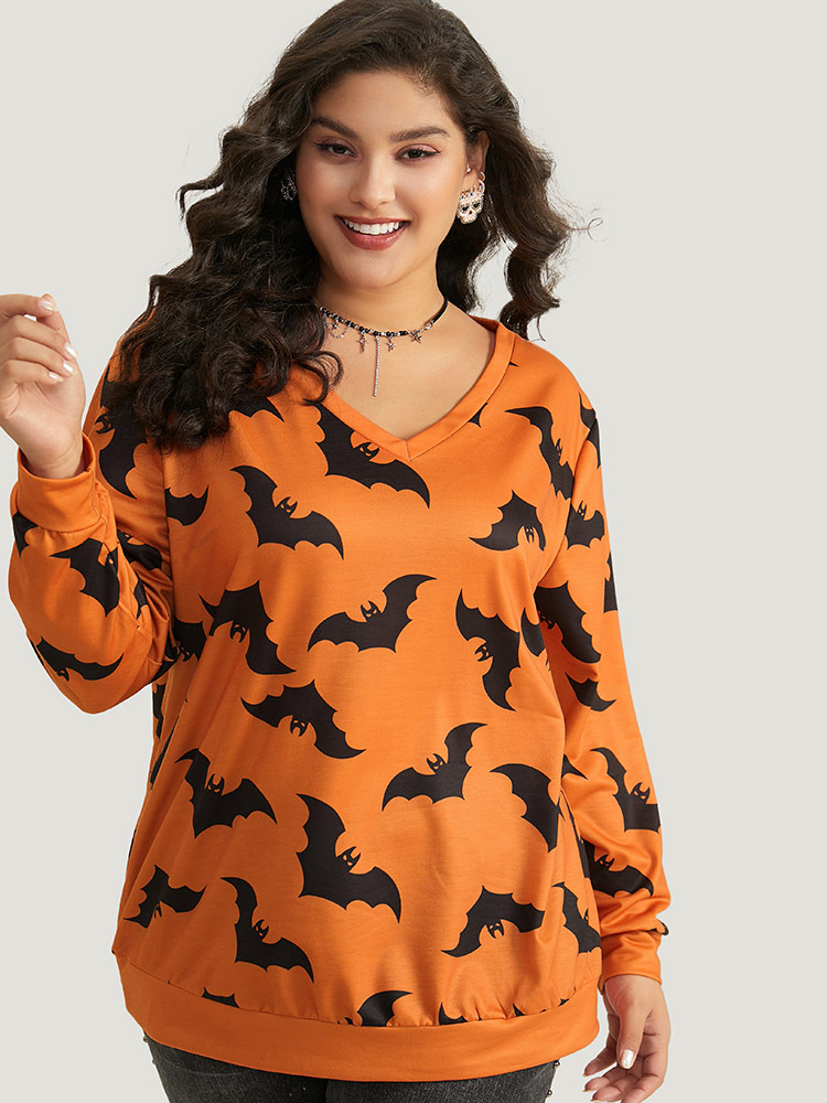 

Plus Size Halloween Bat Print V Neck Sweatshirt Women OrangeRed Casual Elastic cuffs V-neck Festival-Halloween Sweatshirts BloomChic