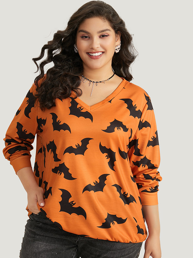 BloomChic Women's Plus Size Halloween Bat Print V Neck Sweatshirt OrangeRed Graphic-Halloween Festival-Halloween 10/M