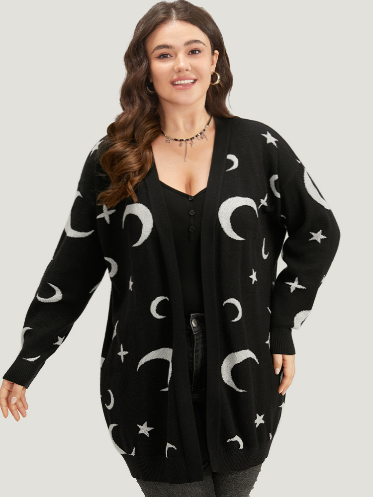 Plus Size Moon Print Open Front Cardigan Black Women Casual Long Sleeve Everyday Cardigans BloomChic 10/M 