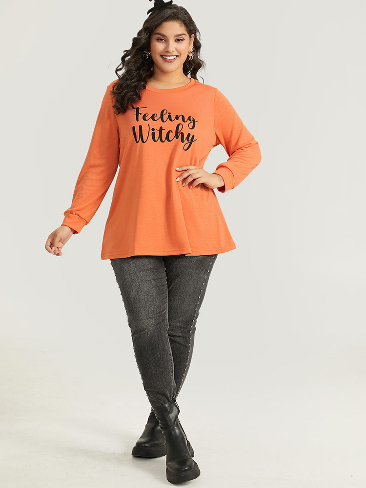 Plus Size Halloween Letter Print Round Neck Sweatshirt Women OrangeRed Casual Elastic cuffs Festival-Halloween Sweatshirts BloomChic 28/5X 