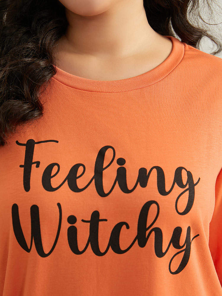 Plus Size Halloween Letter Print Round Neck Sweatshirt Women OrangeRed Casual Elastic cuffs Festival-Halloween Sweatshirts BloomChic 28/5X 