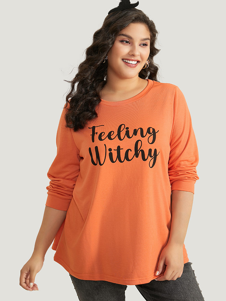 Plus Size Halloween Letter Print Round Neck Sweatshirt Women OrangeRed Casual Elastic cuffs Festival-Halloween Sweatshirts BloomChic 28/5X 
